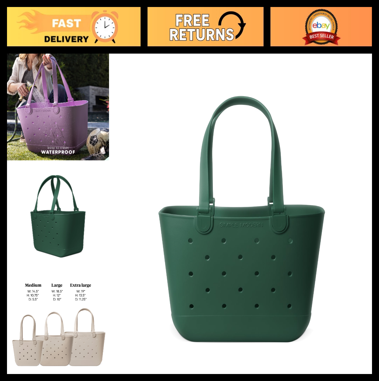 Large Waterproof Rubber Beach Tote Bag - Green Getaway Bag with Zipper Pocket fo0
