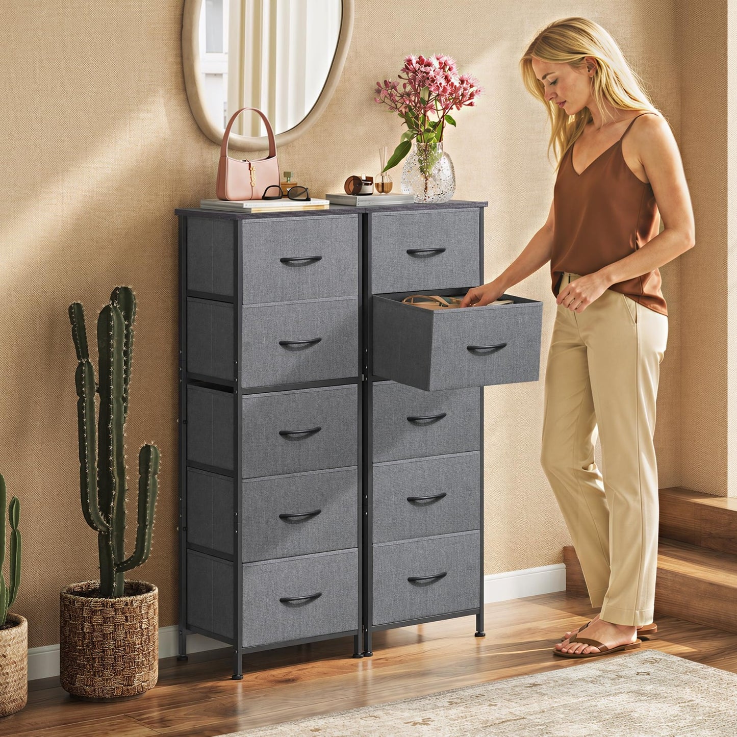 Tall Dresser for Bedroom - 5 Drawer Vertical Storage Chest, Dark Grey Fabric, Sm2