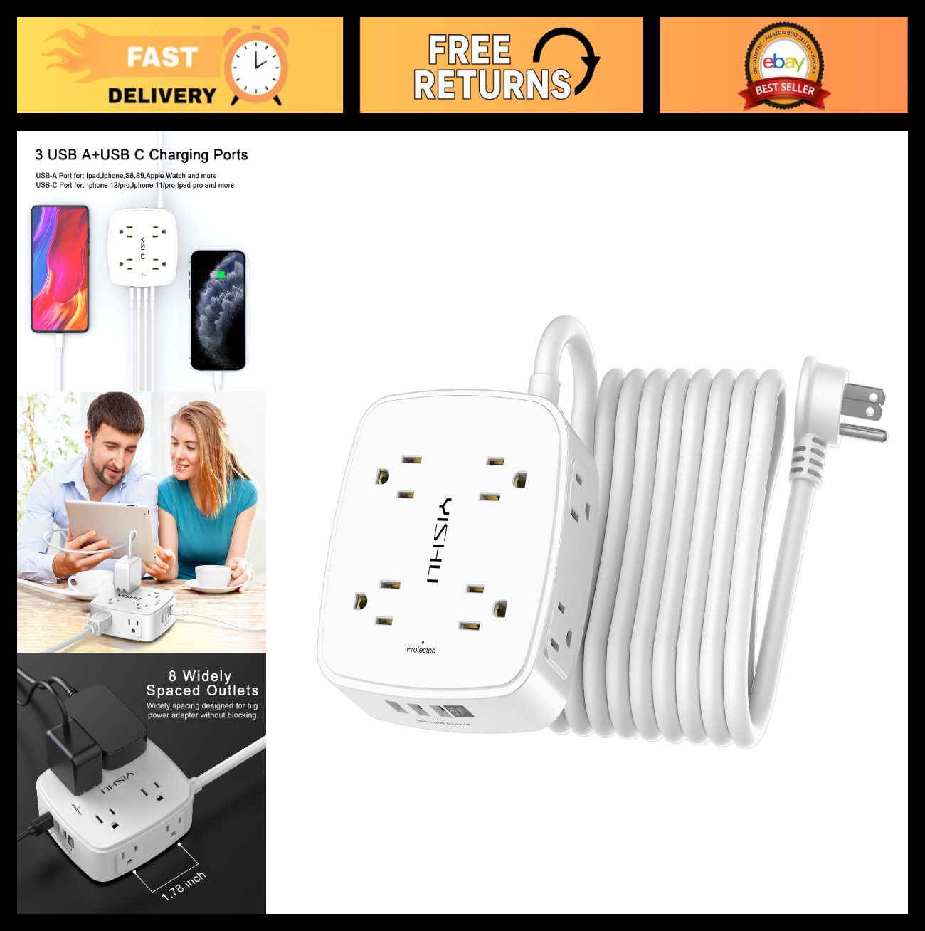 15 Ft Power Strip Surge Protector   8 Outlets, 4 USB Ports, Flat Plug, Wall Moun0