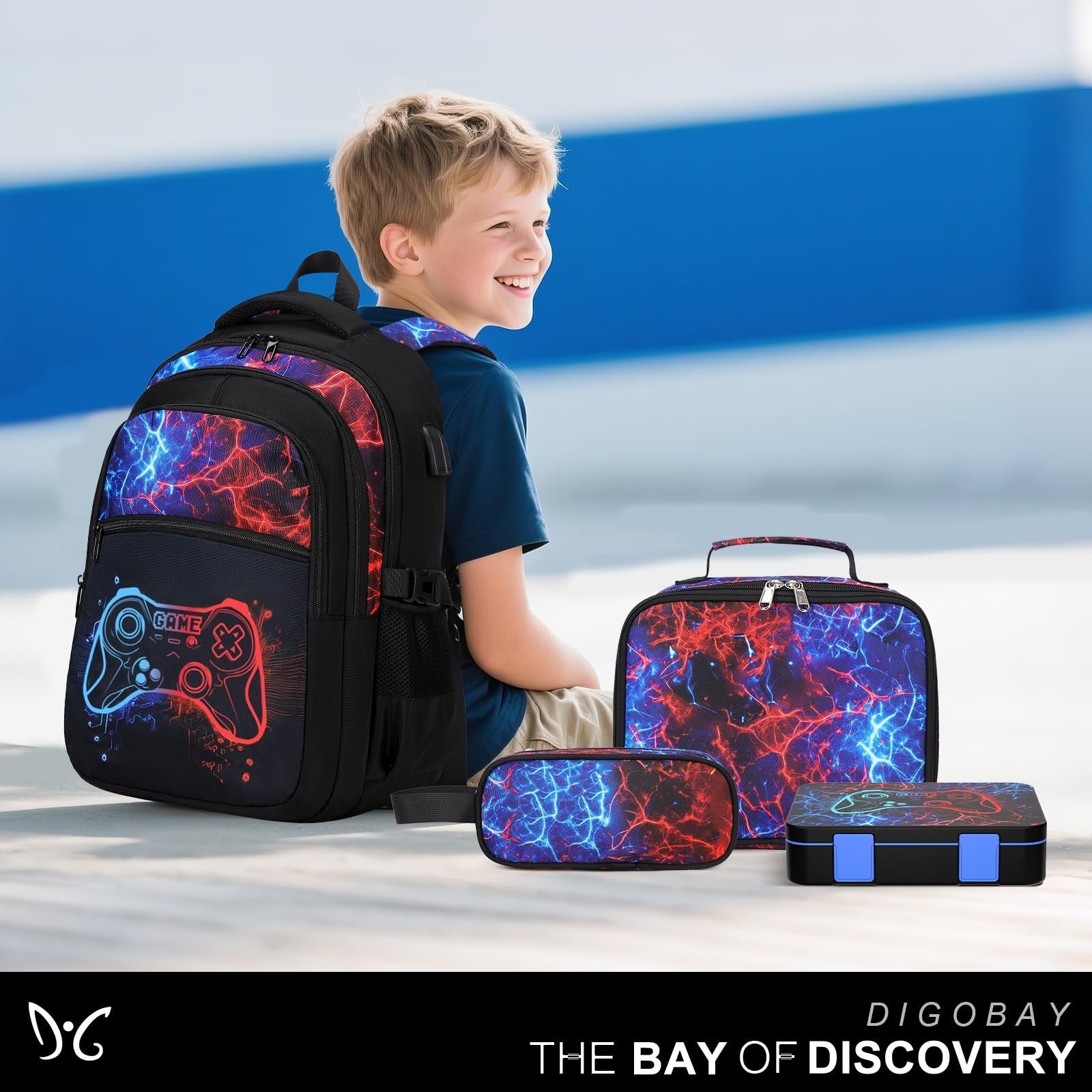 Cool Luminous Gamer Backpack Set for Boys   6PCS with Lunch Bag & Pencil Case, S8