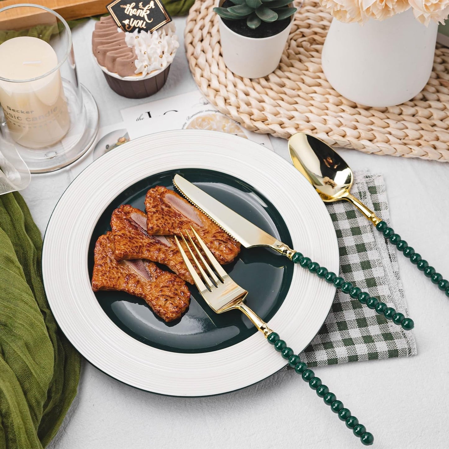 150 Pcs Gold Plastic Cutlery Set | Fancy Disposable Utensils with Green Beads, 55