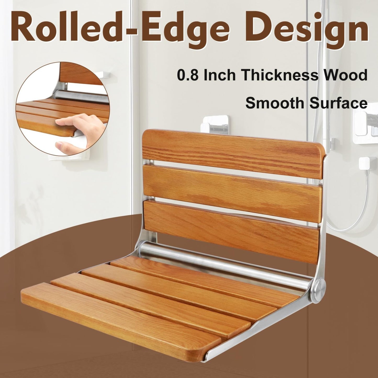 Folding Teak Shower Seat   Wall Mounted, 400lbs Capacity, 16" Foldable Bench4