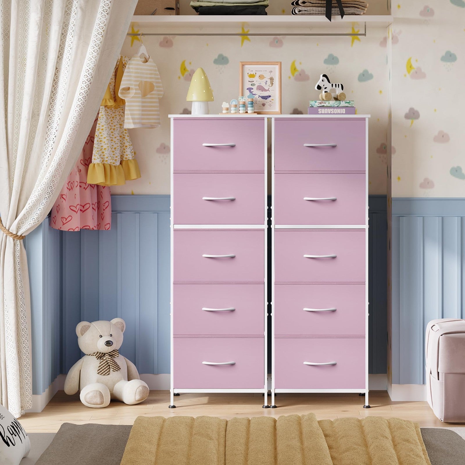 Tall Dresser for Bedroom - 5 Drawer Vertical Fabric Chest, Pink - Space-Saving S7