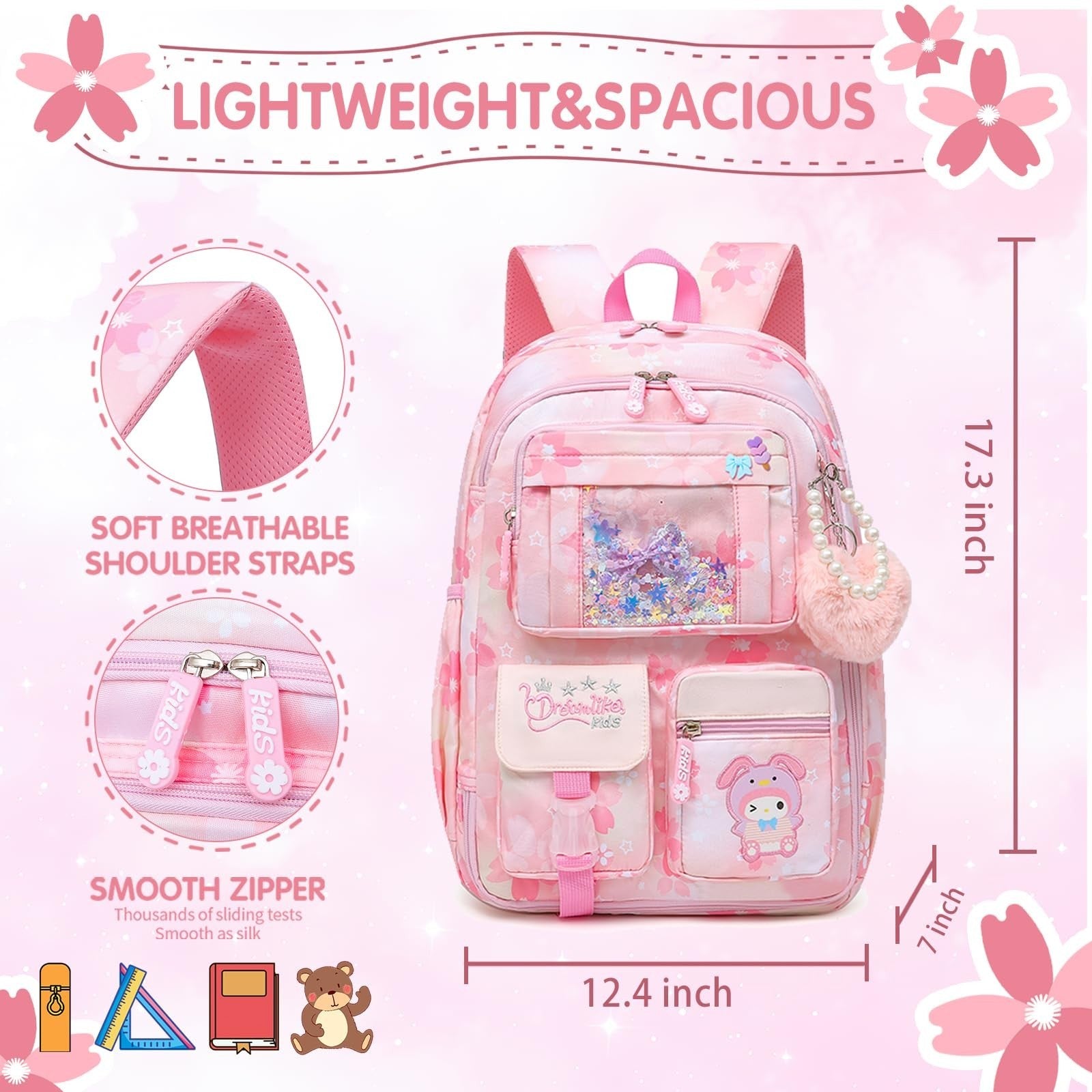 Stylish Girls School Backpack   17" Pink Book Bag with Multiple Pockets, Splash 2