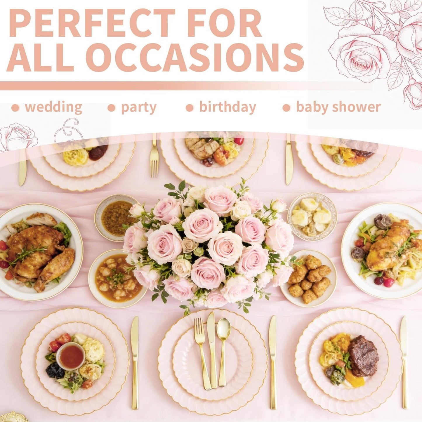 125pcs Pink Scalloped Disposable Plates & Gold Silverware for Party, Baby Shower3