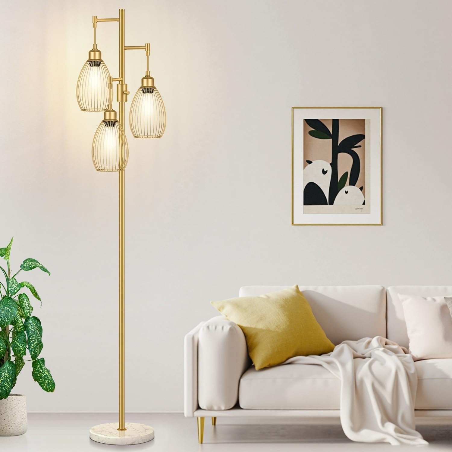 Dimmable Floor Lamp with 3 LED Bulbs, Industrial Tree Design, Gold & Marble Base1