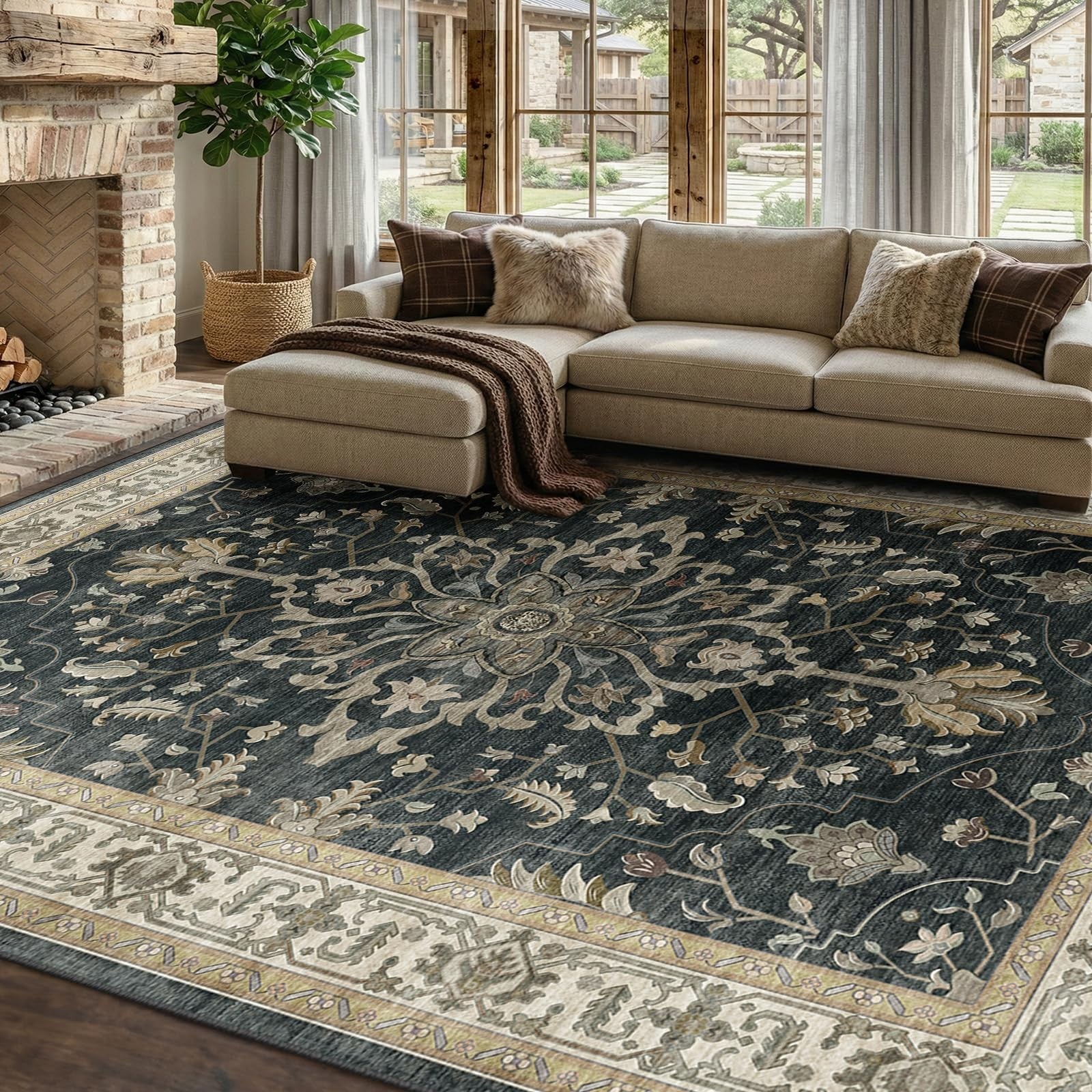 Washable 8'x10' Area Rug   Non Slip, Water Repellent, Pet Friendly, Vintage Flor1