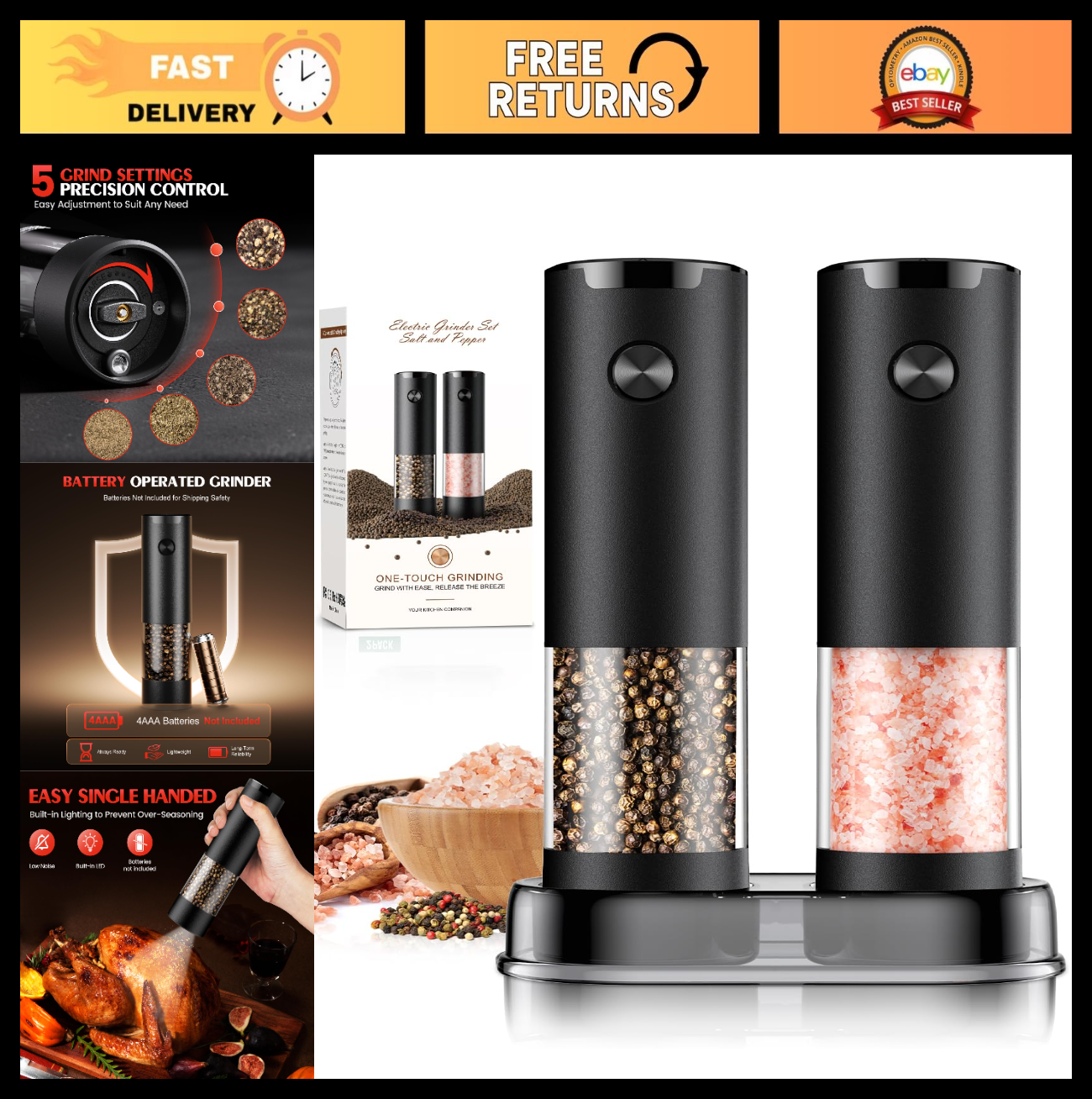 Automatic Electric Salt and Pepper Grinder Set   Adjustable Coarseness, LED, Lar0