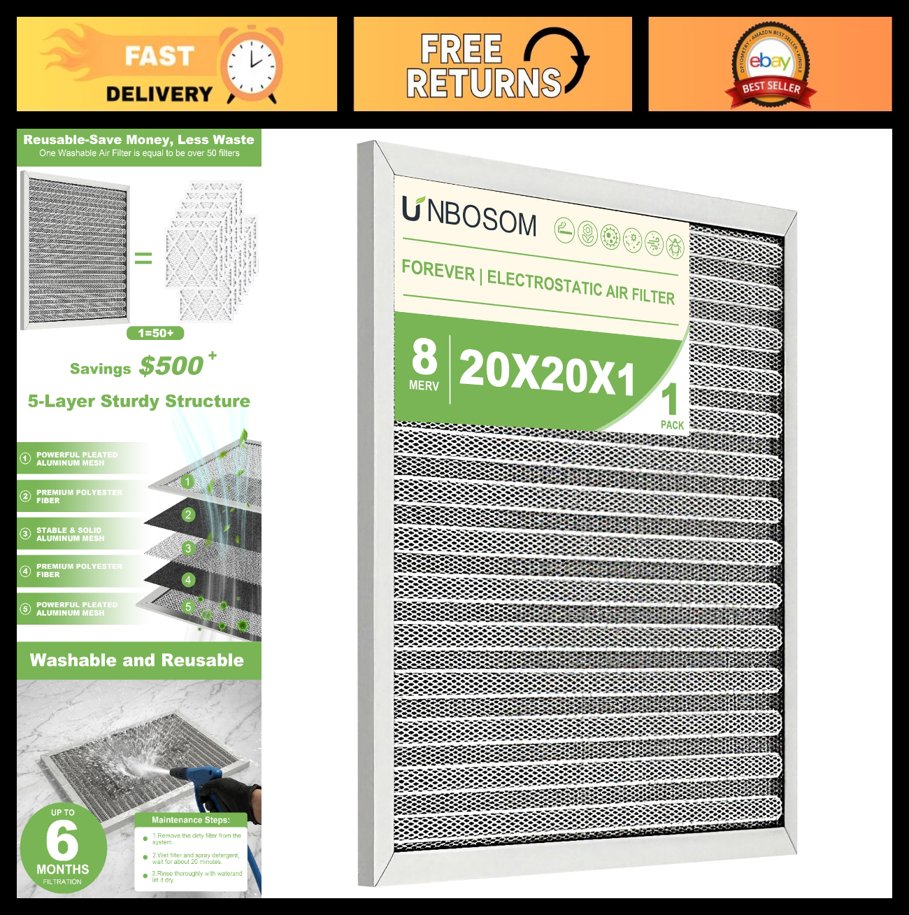Reusable Washable HVAC Air Filter 20x20x1 MERV 8 Electrostatic, Lasts Lifetime0