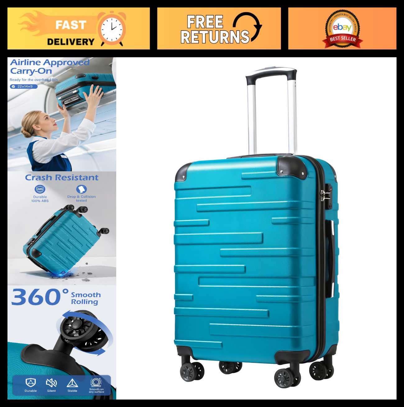 20" Hardside ABS Luggage - TSA Lock, Scratch-Resistant, 360° Spinner Wheels, Dur0