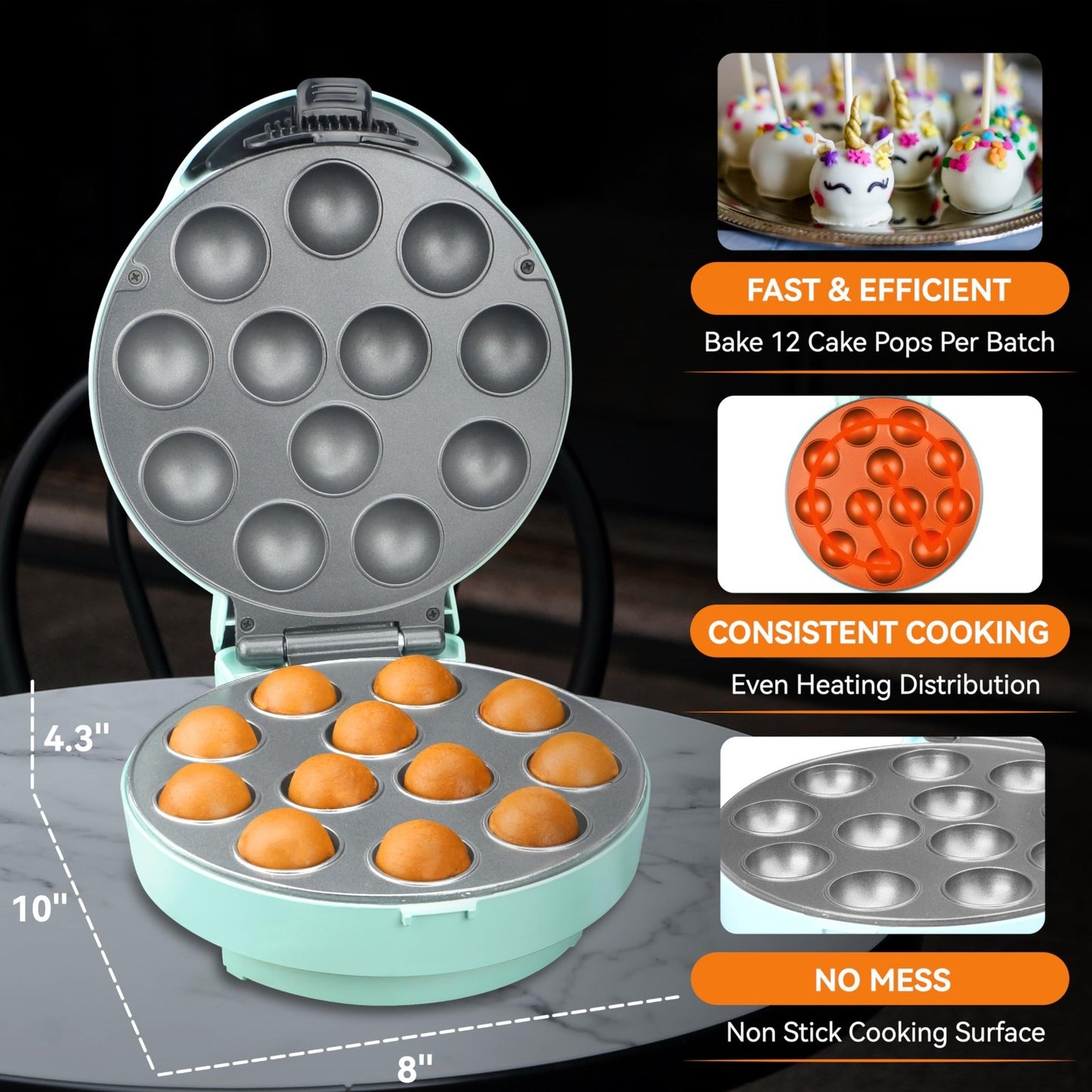 Cake Pop Maker Set with Stand, Sticks & Fork Tool - 12 Pops Capacity, Aquamarine1