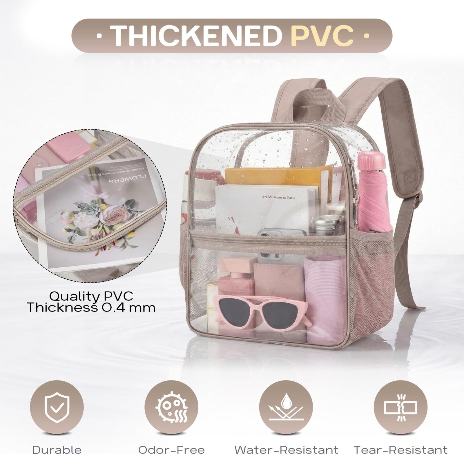 Clear Stadium Backpack, Transparent Bag for Concerts & Sports, Waterproof PVC, A4