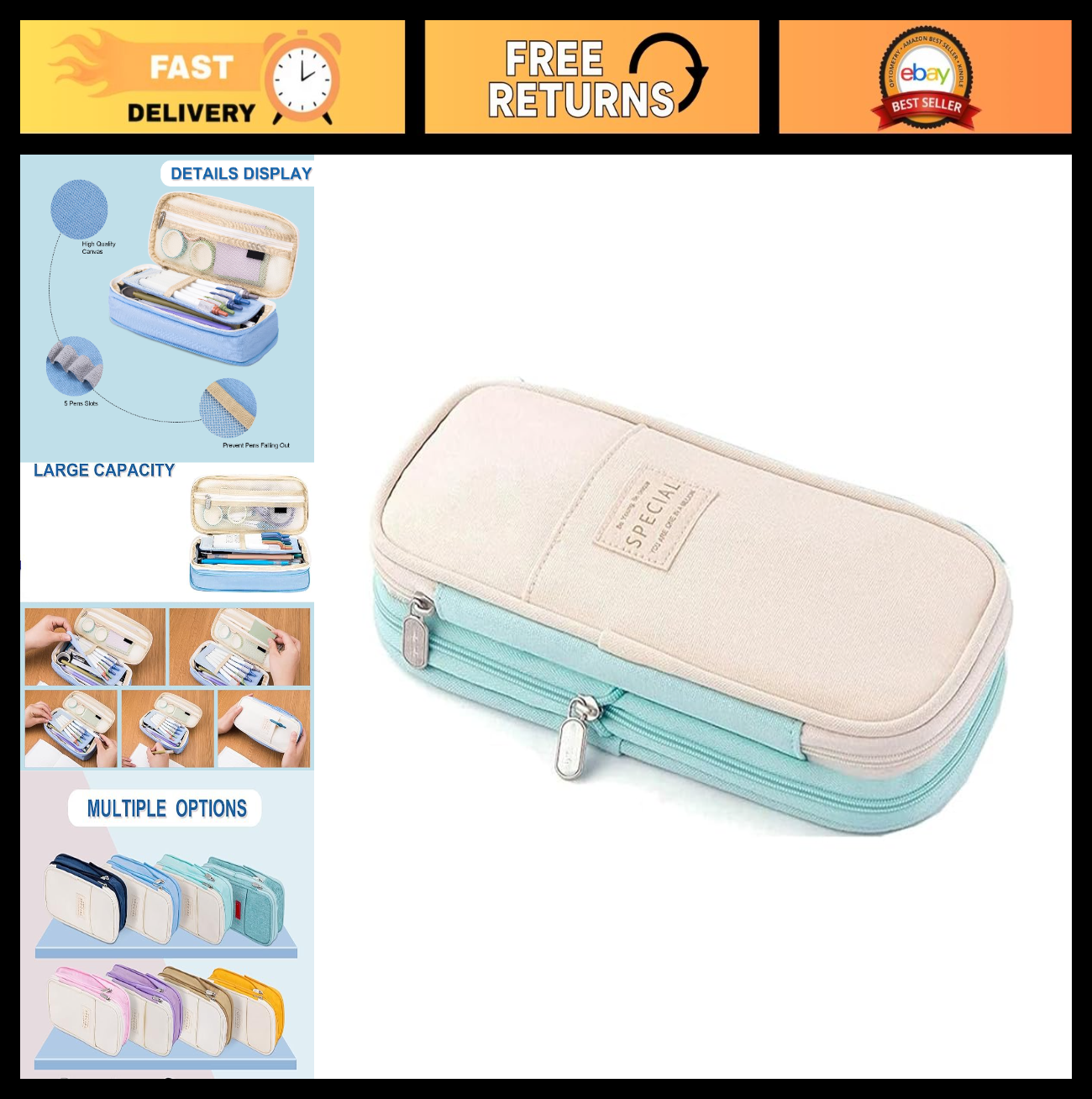 Large Storage Pencil Case Bag   Zippered Organizer Pouch for Office & Travel, Bi0