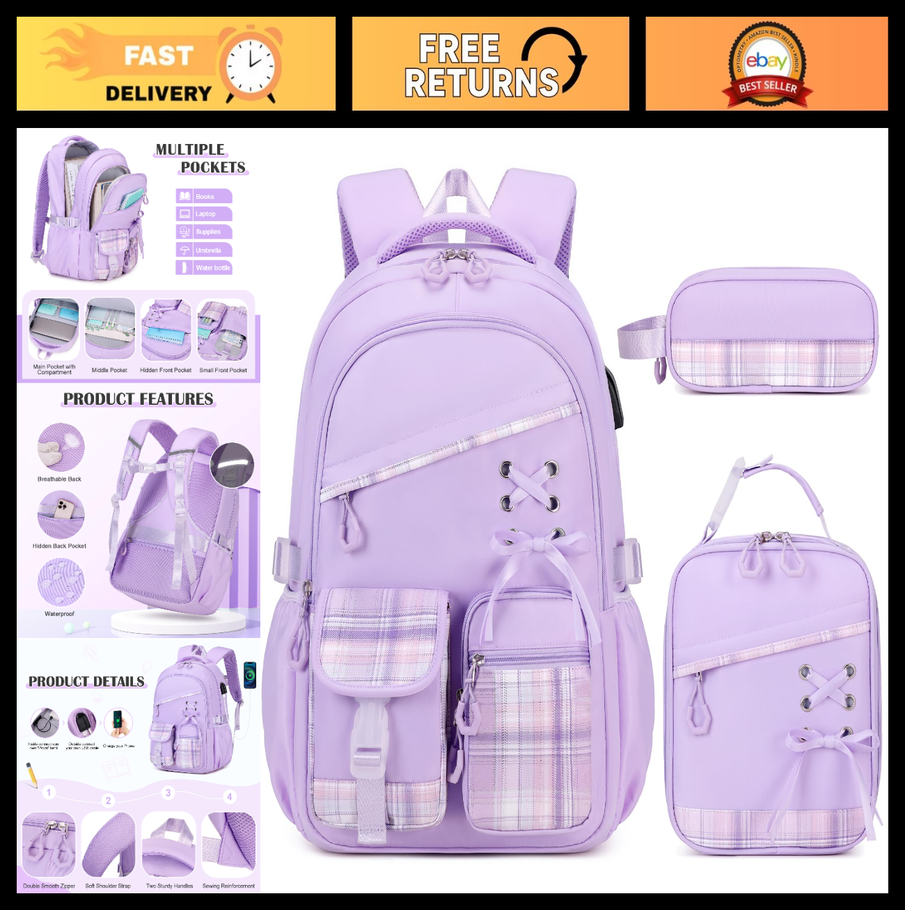 3PCS Girls School Backpack Set with Lunch Box & Pencil Pouch   Stylish & Durable0