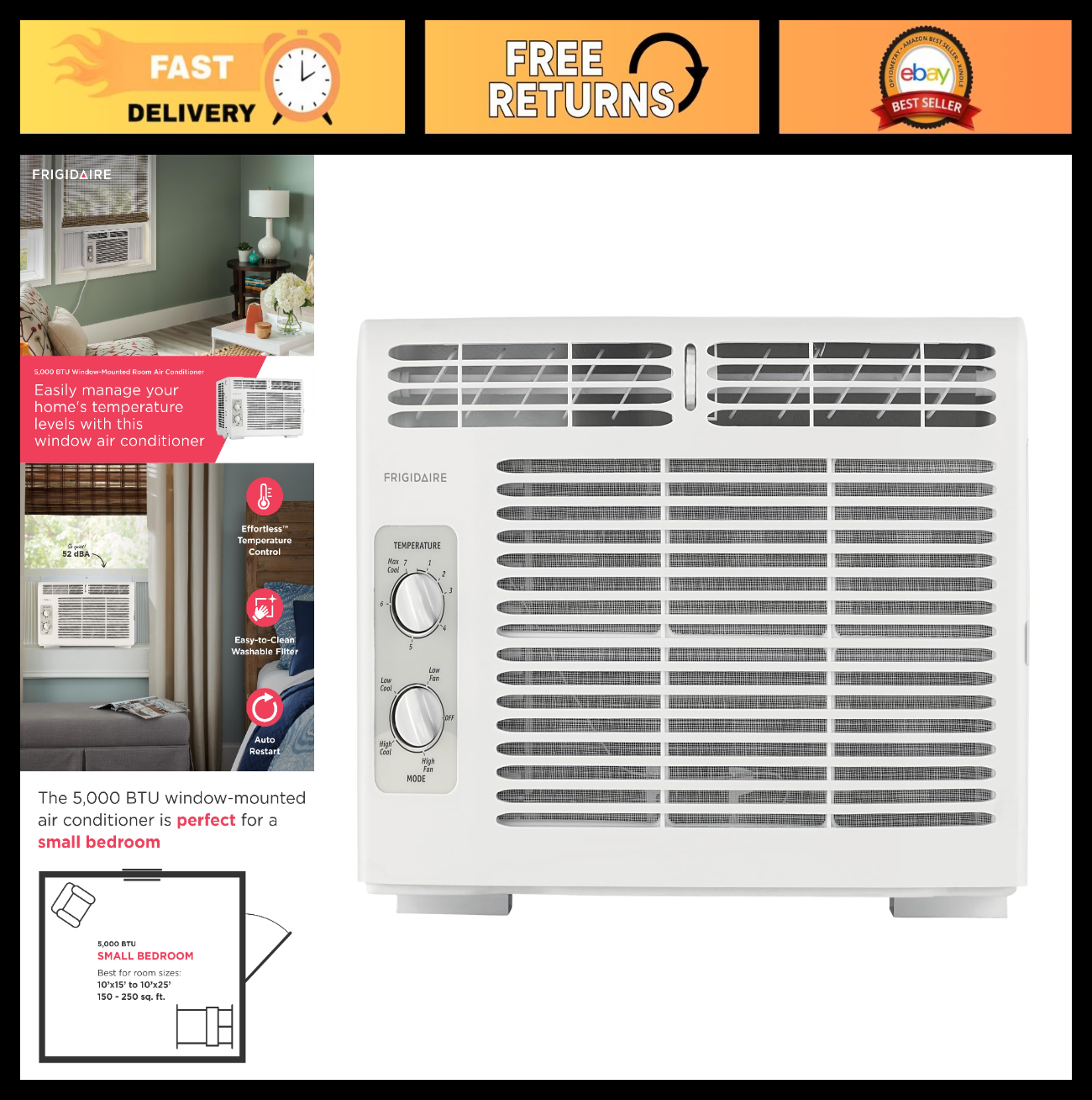 5,000 BTU Window Air Conditioner - Cools 150 Sq. Ft., Quiet, 2 Fan Speeds, Auto0