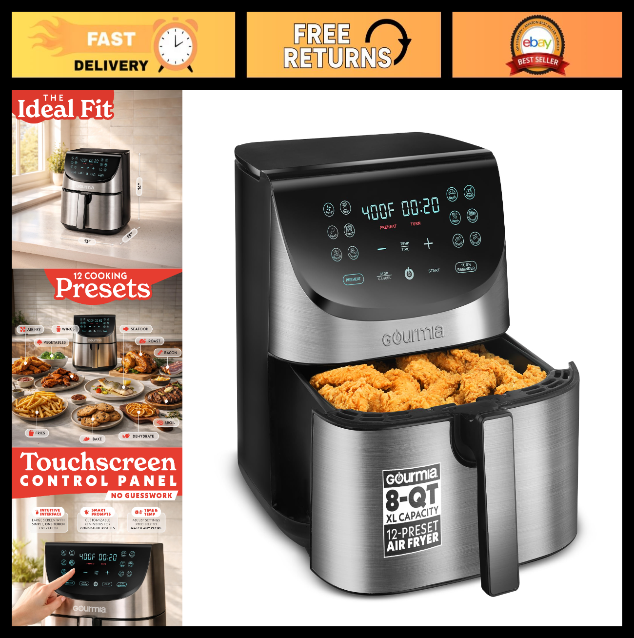 Extra Large 8 Qt Air Fryer, Digital Display, 12 Cooking Presets, Stainless Steel0