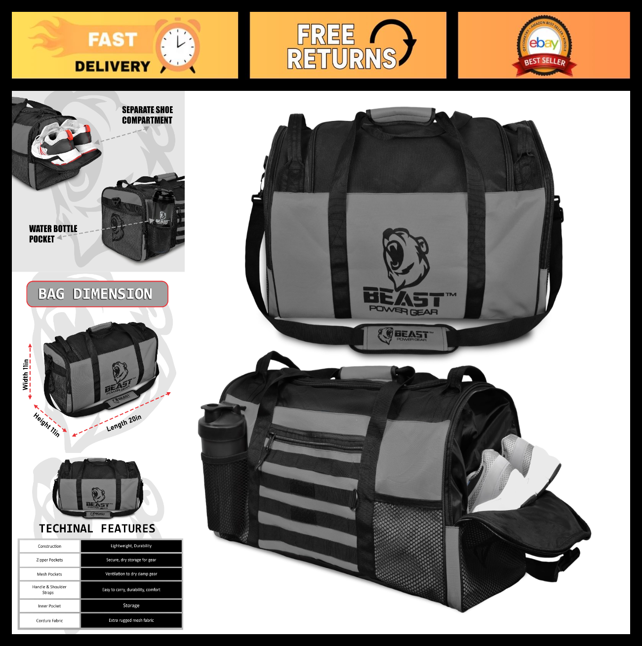 Versatile Gym Duffle Bag - Gray/Black | Workout, Boxing, MMA, Sports, Shoes Comp0