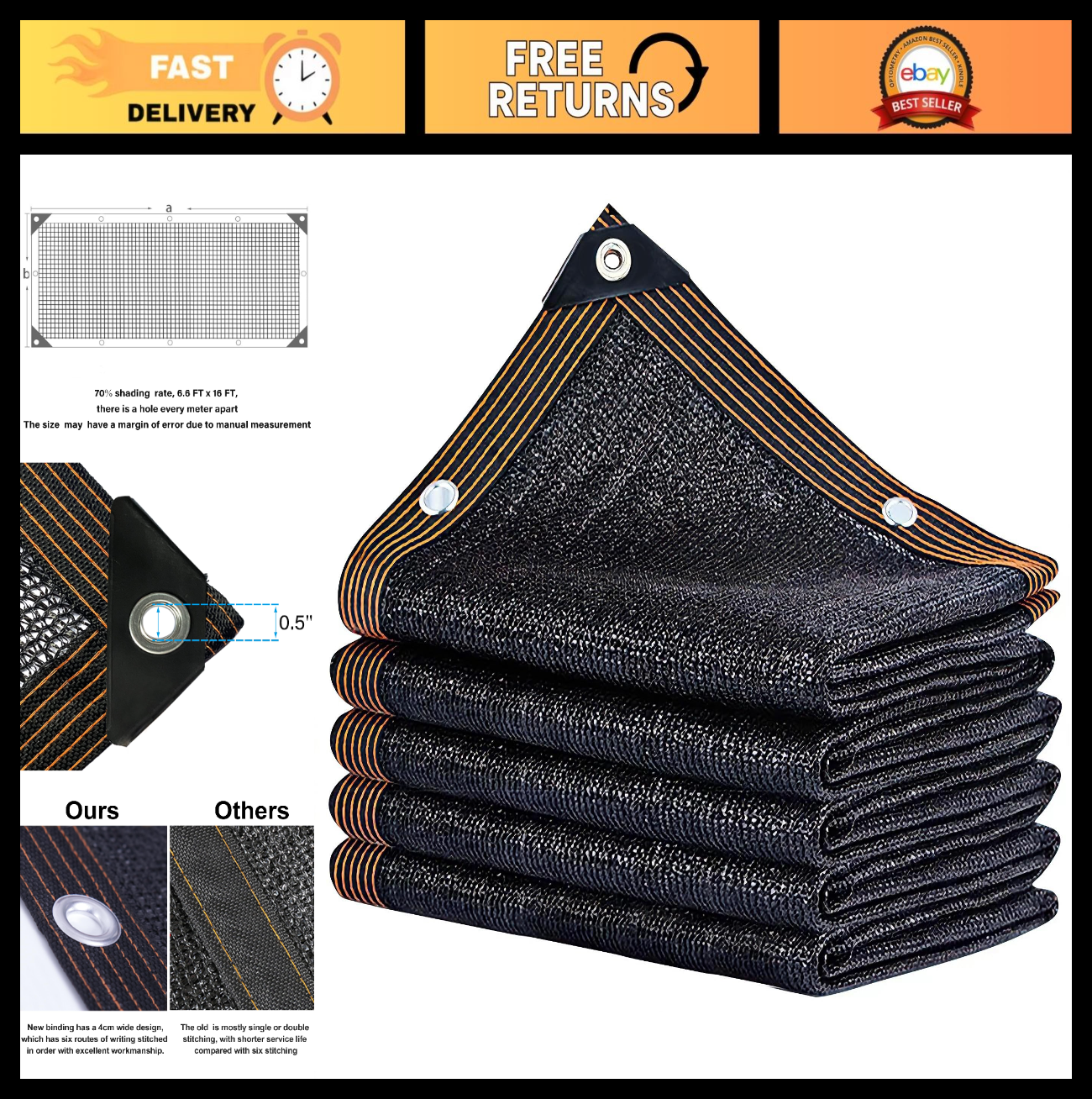 70% Black Shade Cloth 6.6x16FT Durable Mesh Tarp with Grommets for Garden, Green0