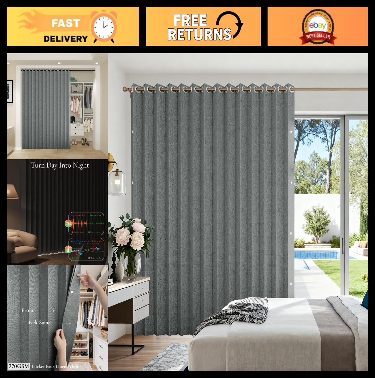 Vertical Fabric Shades for Sliding Glass & Patio Doors, Large Windows, Grey 100x0
