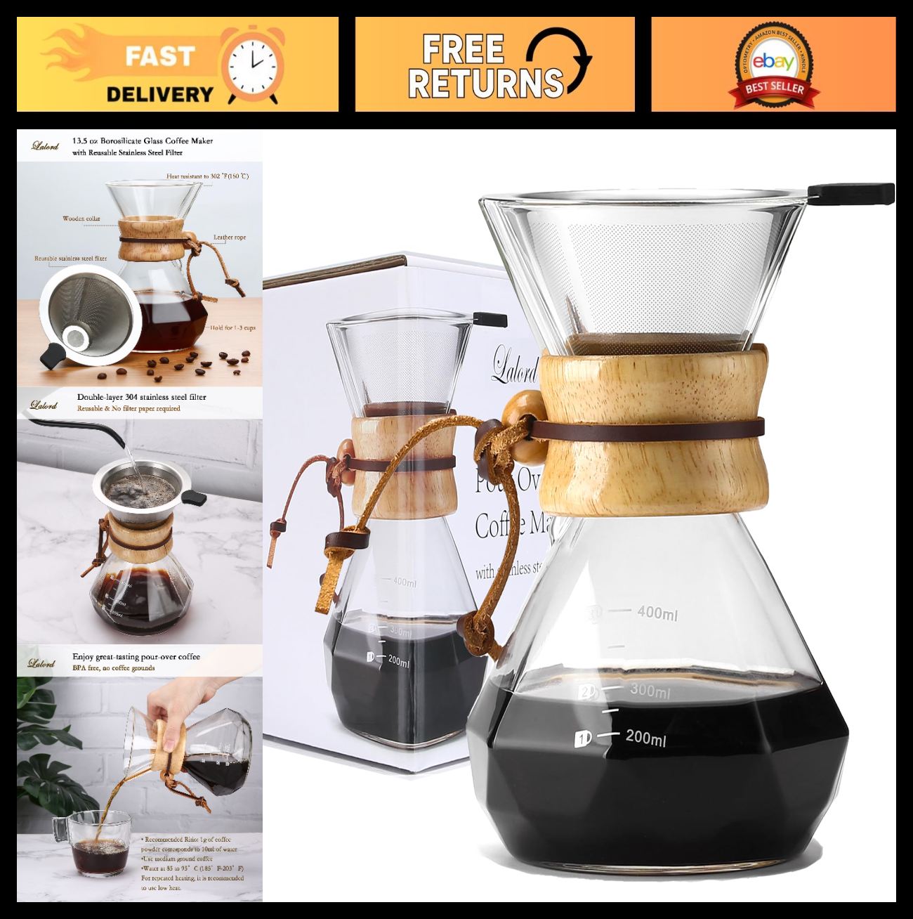 Pour Over Coffee Maker with Stainless Steel Filter & Glass Carafe, 2 Cups, 400ml0