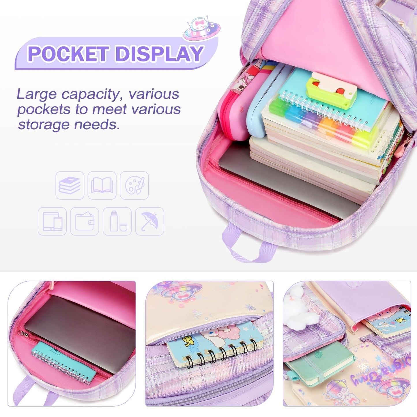 3PCS Kawaii Bunny Girls Backpack Set   School Bag, Lunch Box & Pencil Case   Pur3