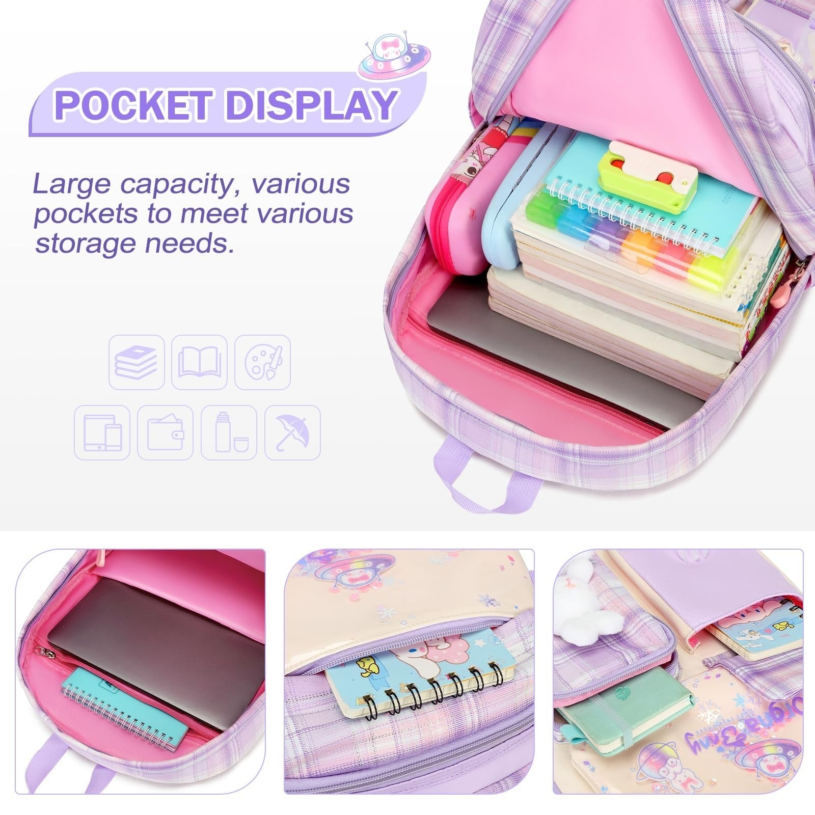 3PCS Kawaii Bunny Girls Backpack Set   School Bag, Lunch Box & Pencil Case   Pur3