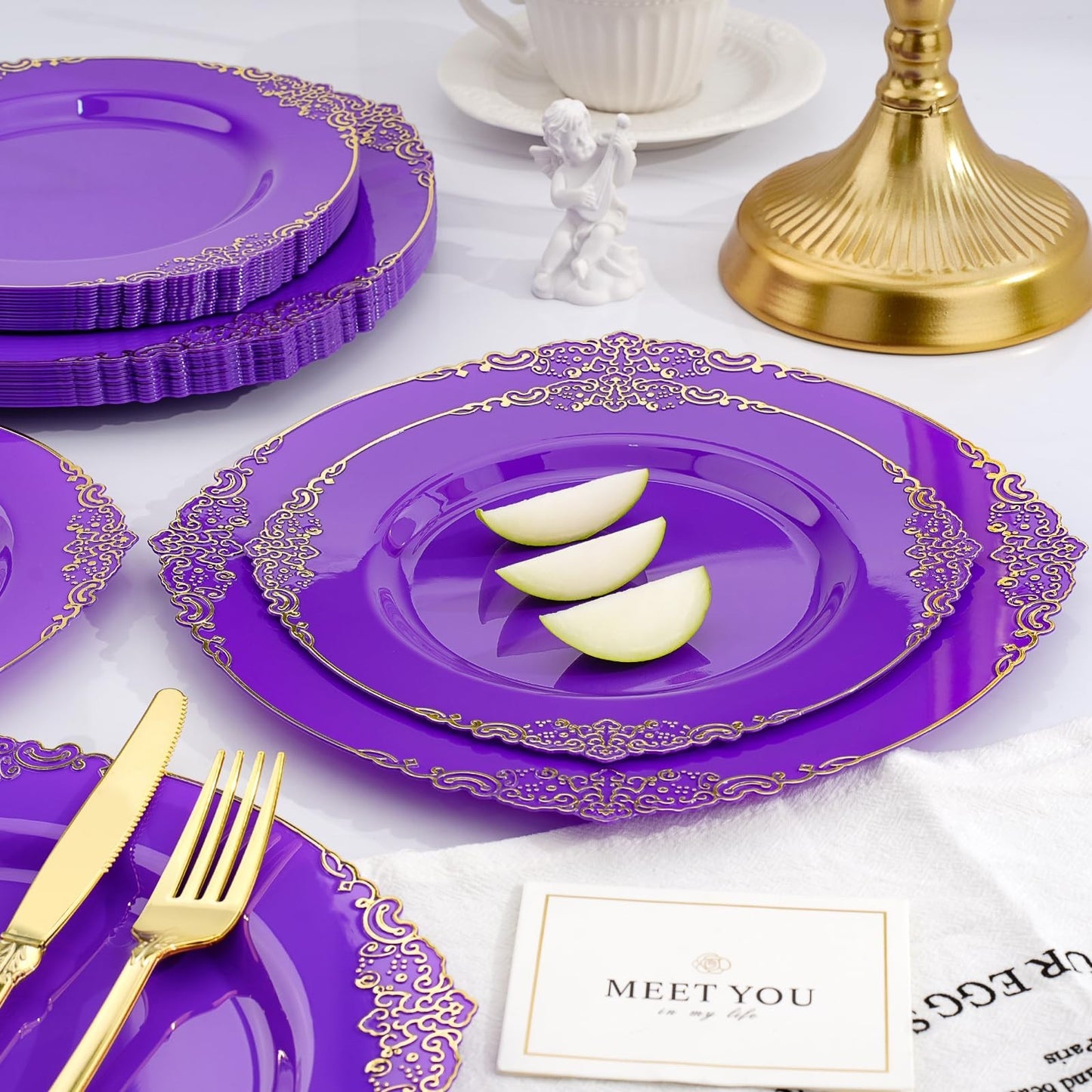 350-Piece Purple & Gold Disposable Dinnerware Set for 50 Guests | Plates, Silver3