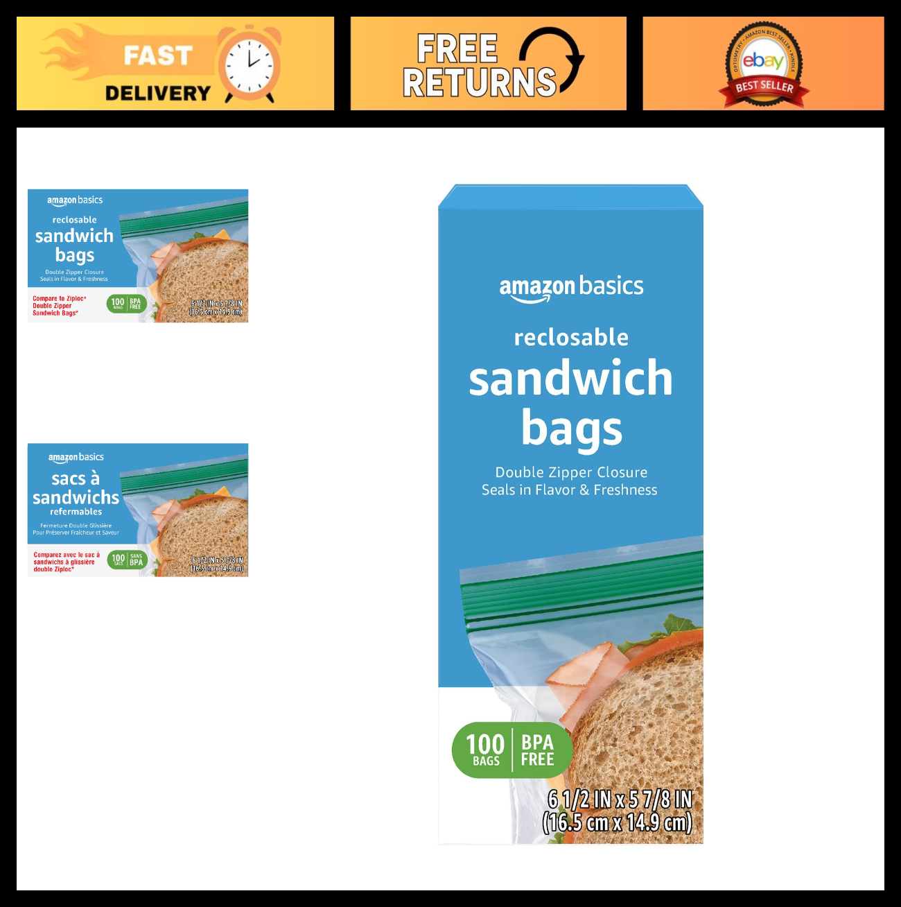 Reclosable Double Zipper Sandwich Storage Bags, BPA Free, 100 Count   Food Stora0