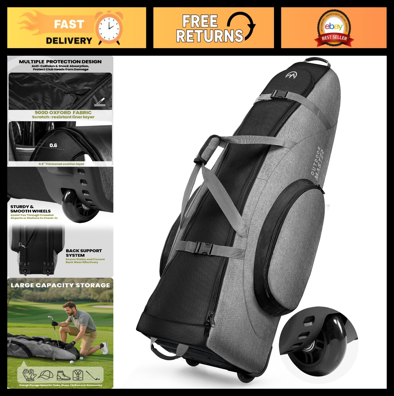 Padded Golf Travel Bag with Reinforced Wheels | Waterproof 900D Oxford, Soft Sid0