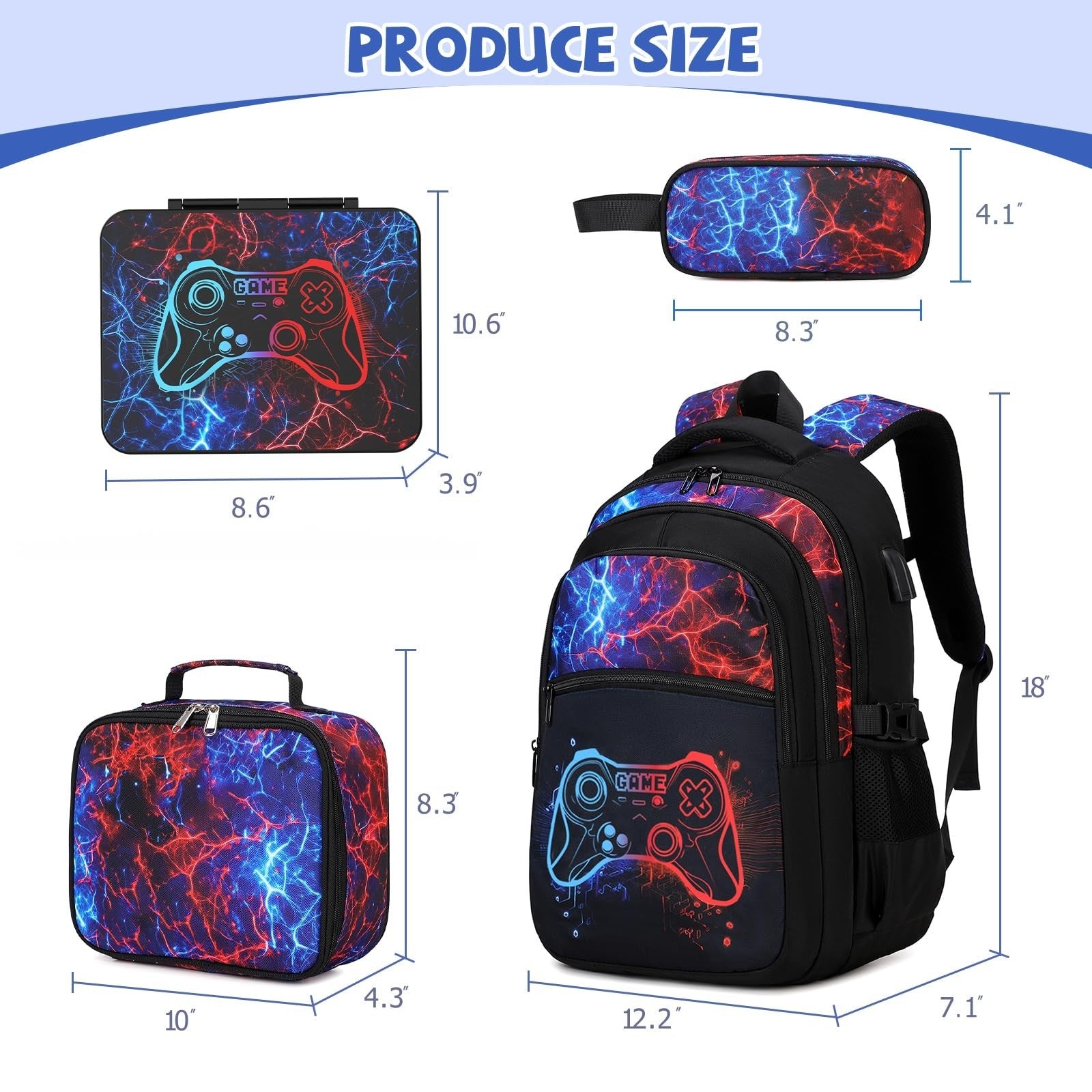 Cool Luminous Gamer Backpack Set for Boys   6PCS with Lunch Bag & Pencil Case, S2