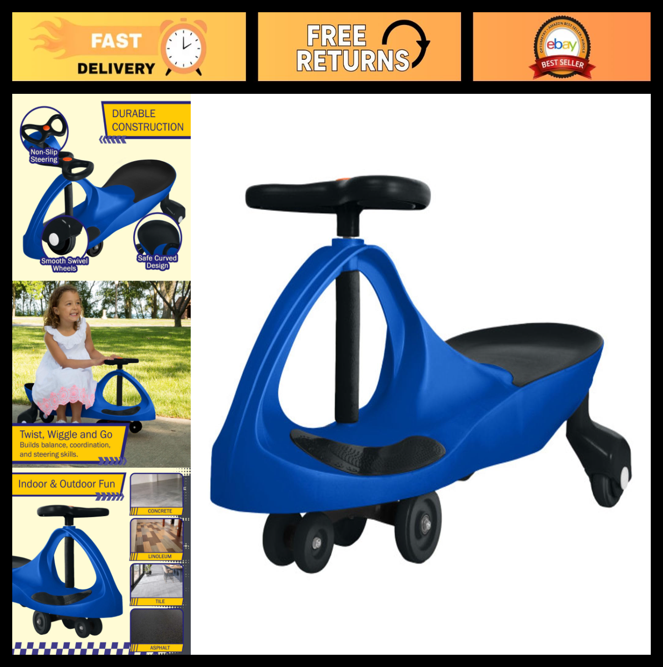 Wiggle Car Ride-On Toy for Kids Ages 3+, Fun Blue Ride-On Vehicle, Outdoor Play0