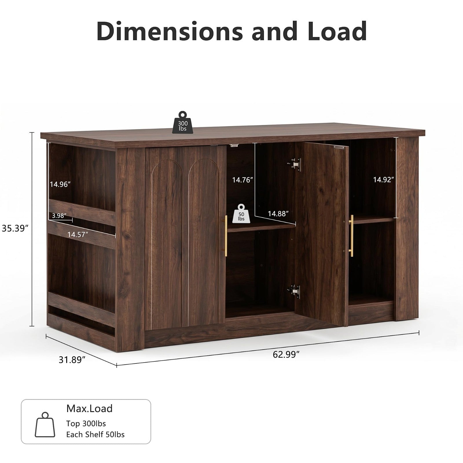 62.9" Large Kitchen Island with Storage, Arched Doors, Mid Century Modern Design1