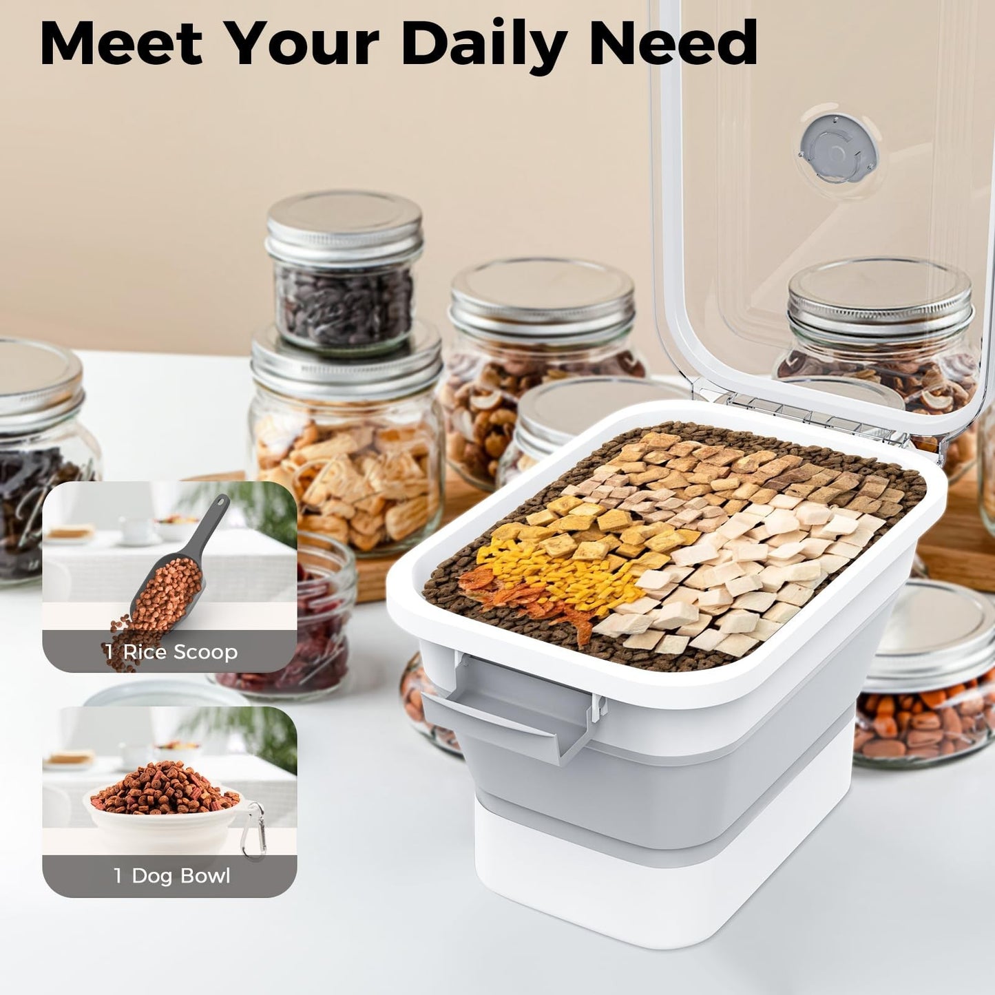 Airtight Dog Food Storage Container 10 13Lbs, Collapsible Pet Food Bin, Easy Sea3