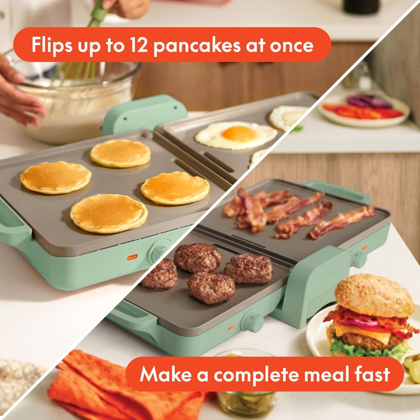 Ceramic Nonstick Griddle 10"x20" - Dual Temp, Dishwasher Safe, 1500W, Fits Anywh3
