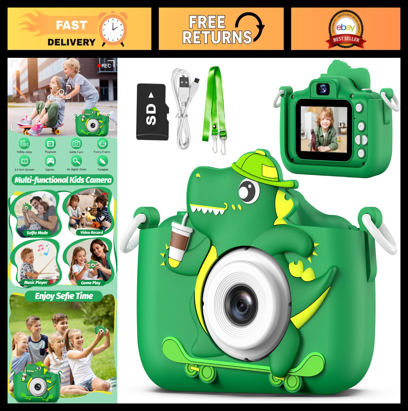 Kids Digital Video Camera for 3 8 Year Olds, Cartoon Soft Cover, Gift Included0