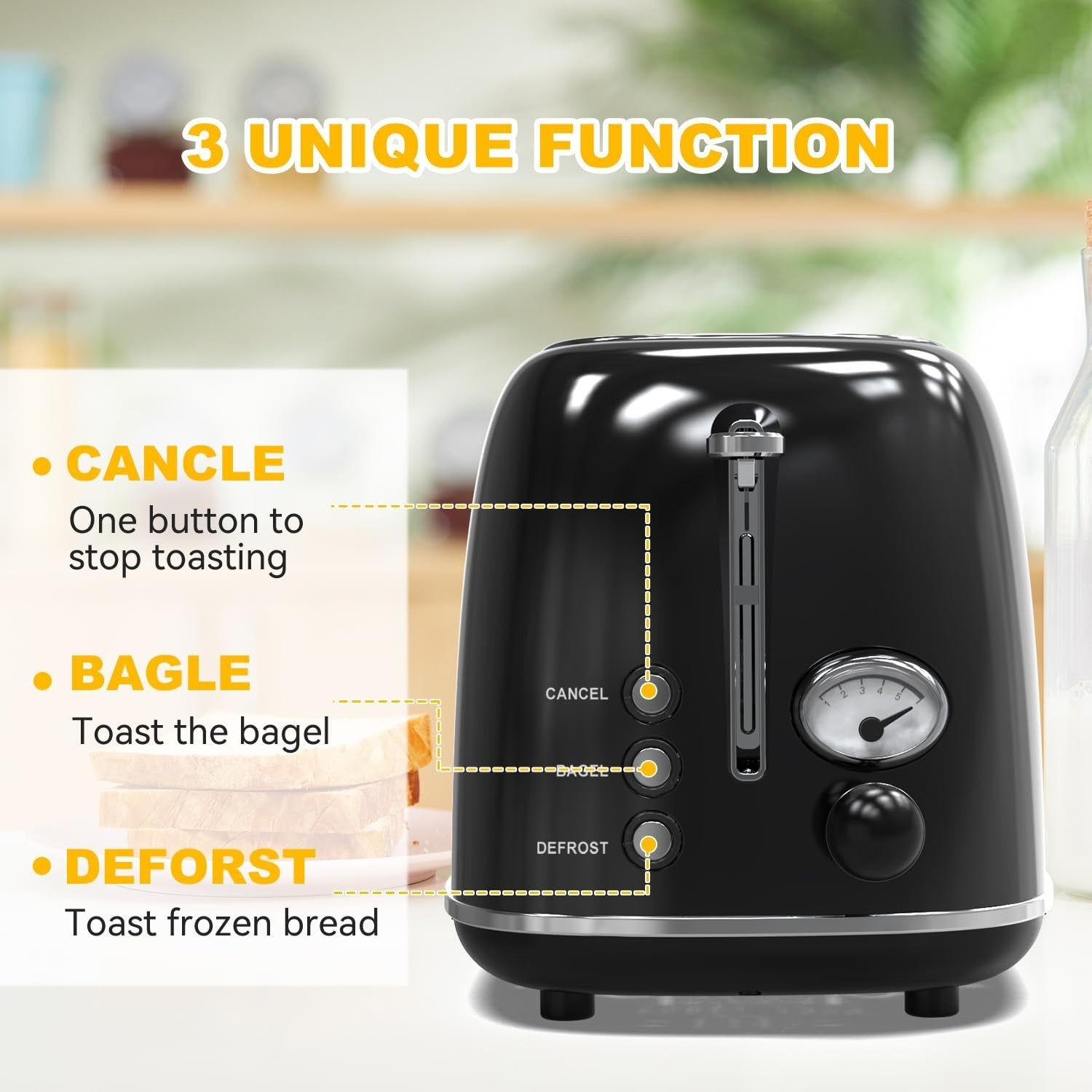 Retro Stainless Steel 2 Slice Toaster with 6 Settings, Extra Wide Slots, Bagel &4