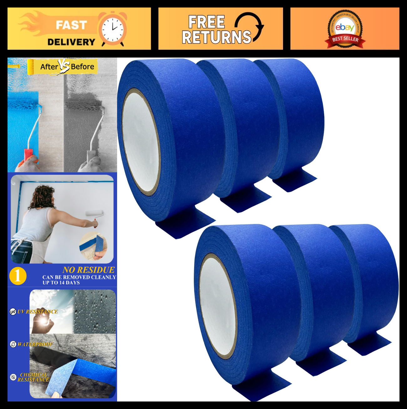 Blue Masking Tape   2 Inch Wide, 6 Rolls, No Residue, Perfect for Wall Painting0