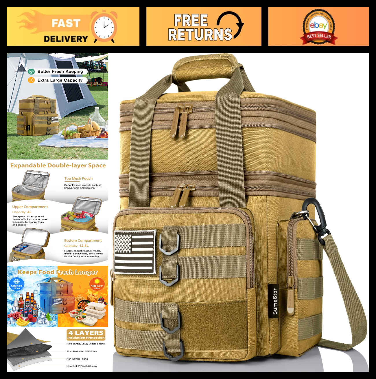Tactical Insulated Lunch Bag for Men, Heavy Duty Expandable Cooler, Leakproof Pa0
