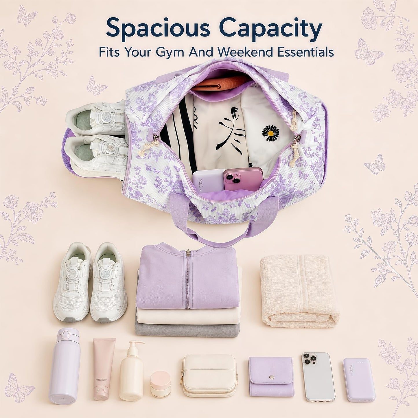 Cute Girls Duffle Bag with Shoes Compartment & Wet Separation - Waterproof Gym &5