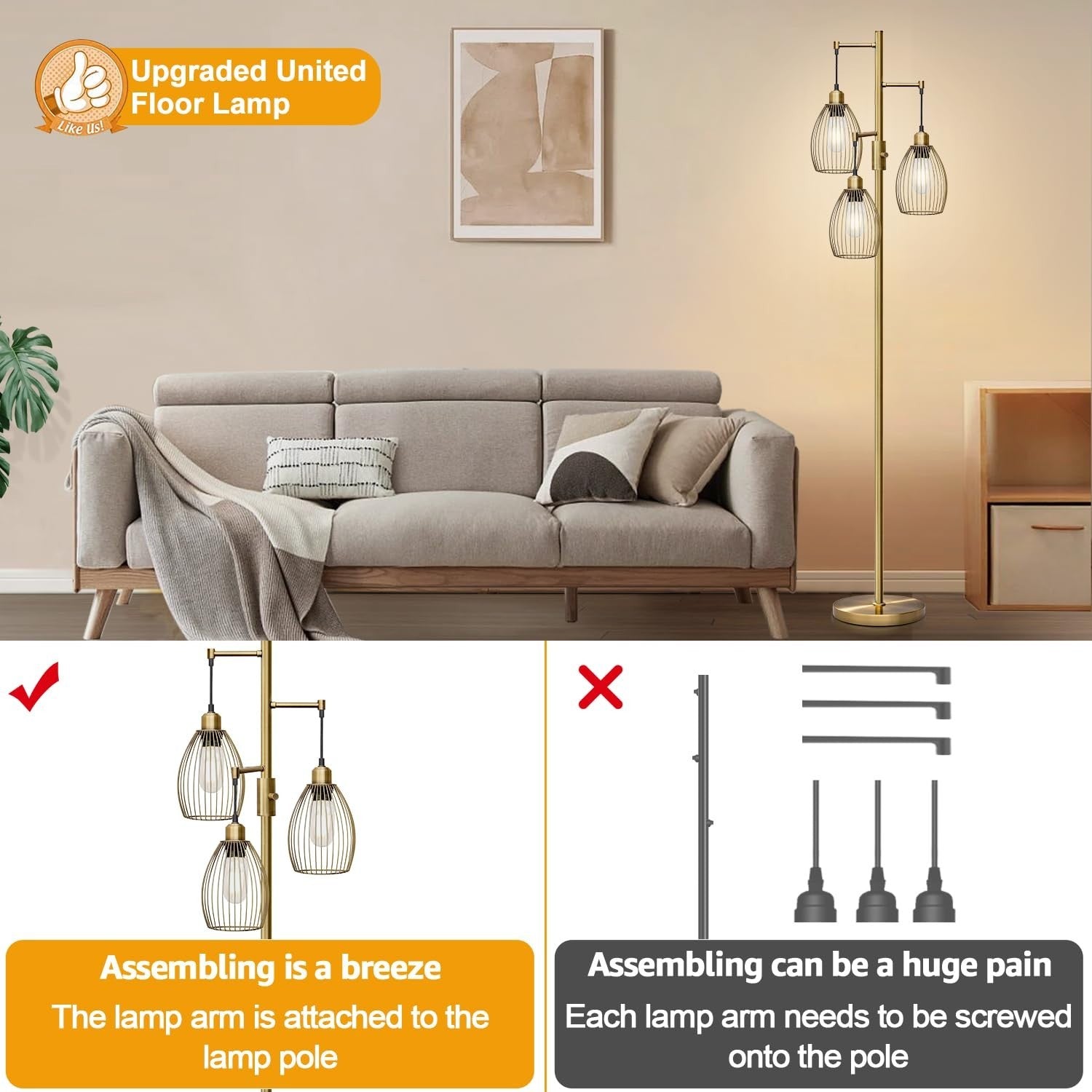 Dimmable Floor Lamp with 3 LED Edison Bulbs, Industrial Farmhouse Style, Tall Te3