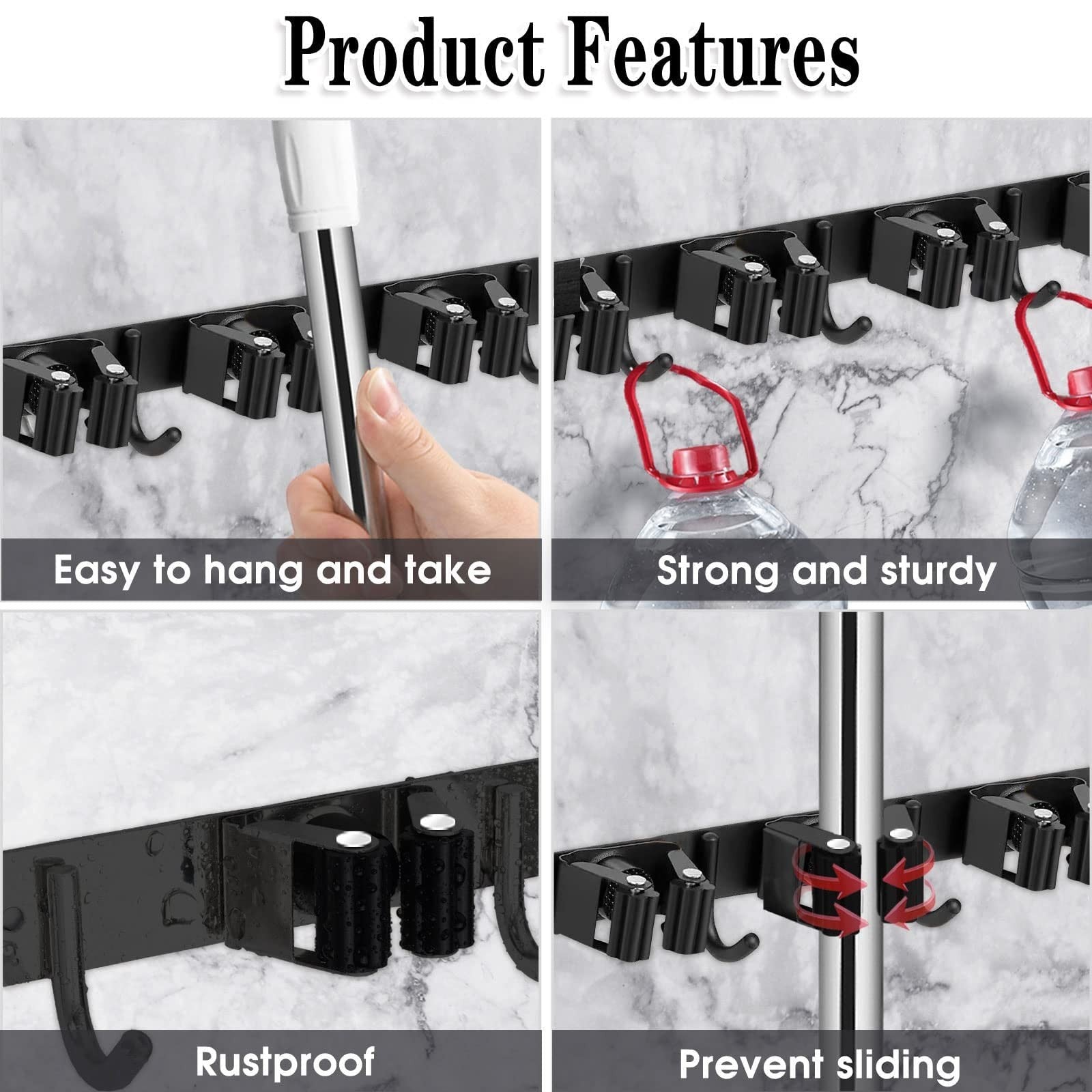 2 Pack Wall Mount Broom Holder, 5 Racks & 4 Hooks for Mop Storage, Space Saver2