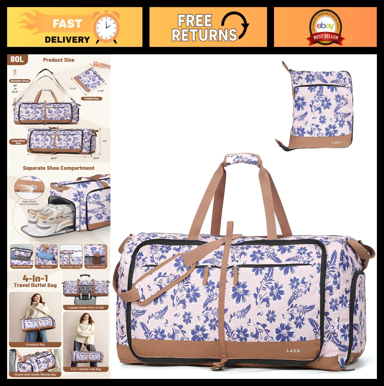 Large Foldable Travel Duffle Bag with Shoe Compartment, Weekend Carry-On, 80L, P0