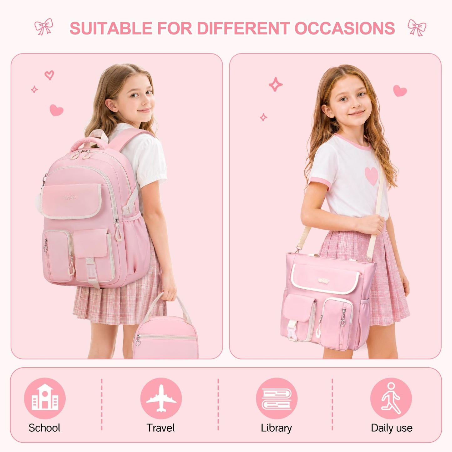 4PCS Girls Backpack Set with Tote Bag, Lunch Box & Pencil Pouch   School Supplie3