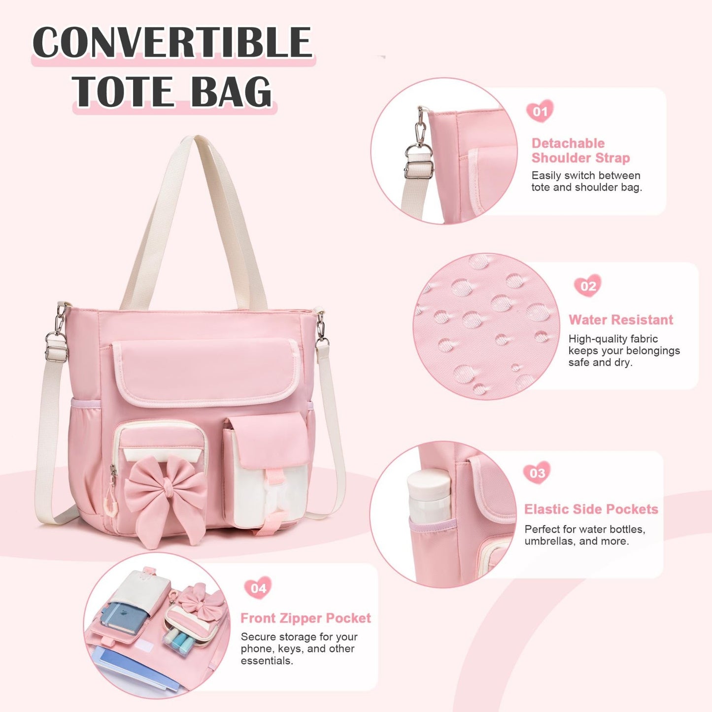 4PCS Girls Backpack Set   Includes Tote Bag, Lunch Bag & Pencil Case, School Sup4