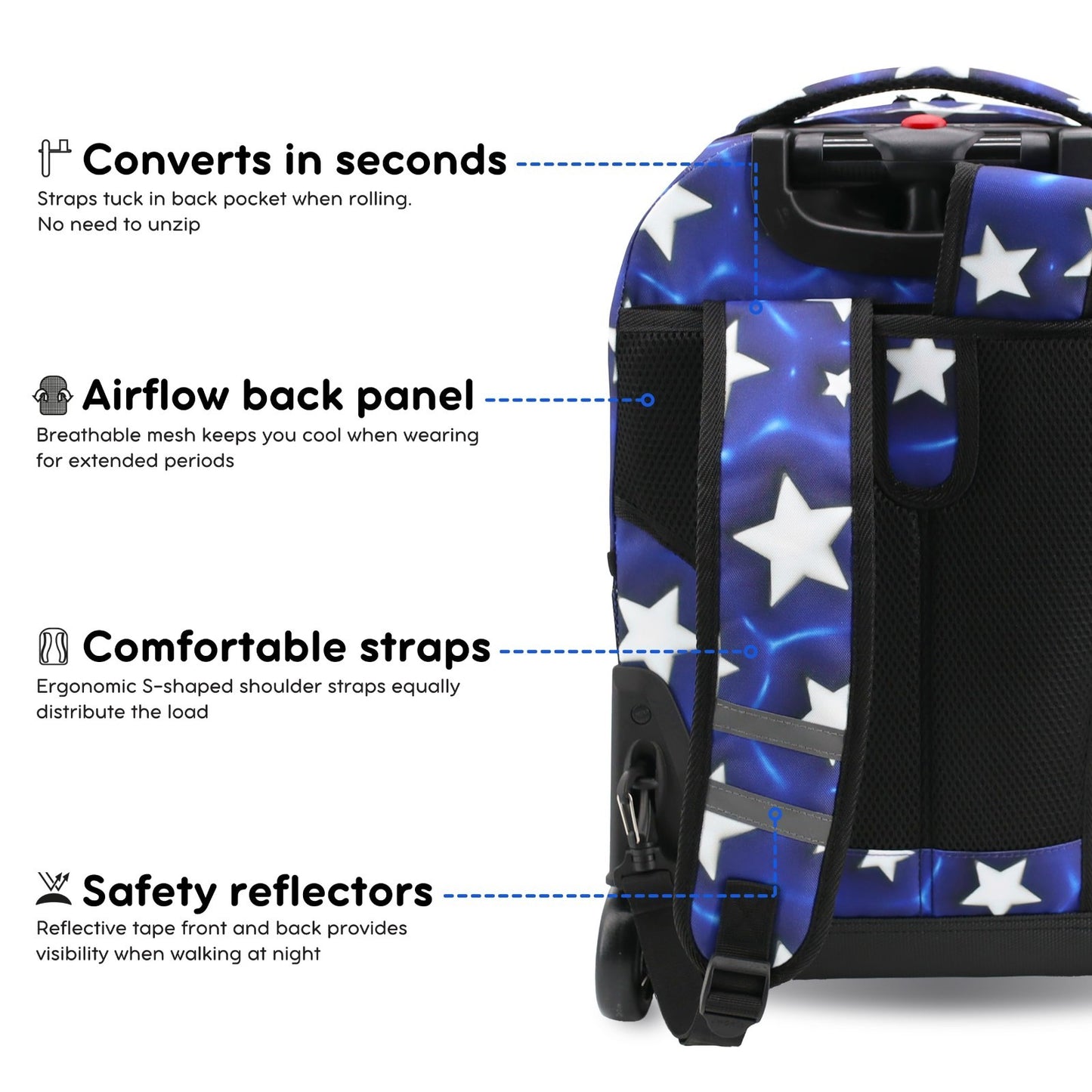 Kids Rolling Backpack with Wheels, 18" Bookbag for School, Puffy Star Design, Un3