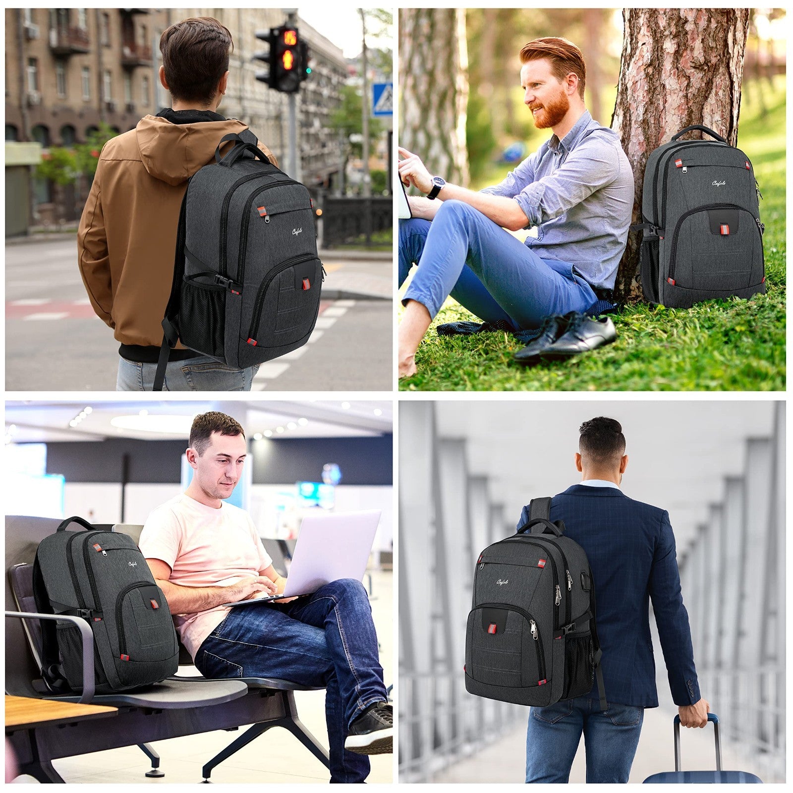 Waterproof 17" Laptop Backpack, Large Travel Bookbag with USB Charging Port, Gre6