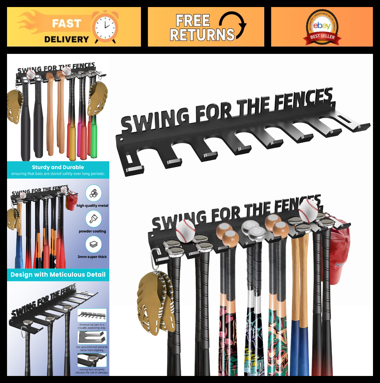 Heavy Duty Baseball Bat Storage Rack   Wall Mount Organizer for 14 Bats, Hooks I0