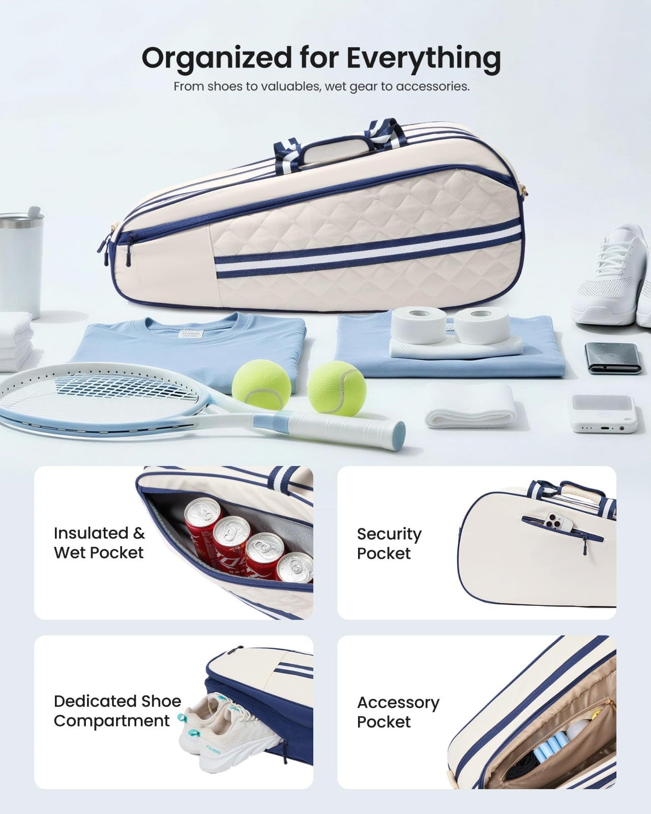 Water-Resistant Tennis Racket Bag with Shoe Compartment, Holds 3-6 Rackets, Gym3