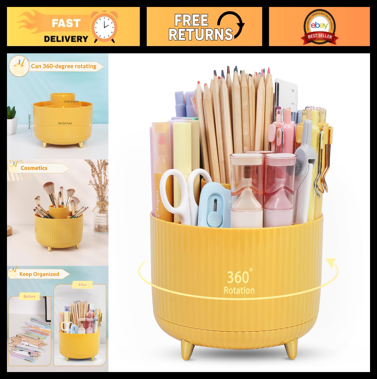 360° Rotating Desk Organizer   Dual Purpose Pen Holder with 5 Slots for Office,0
