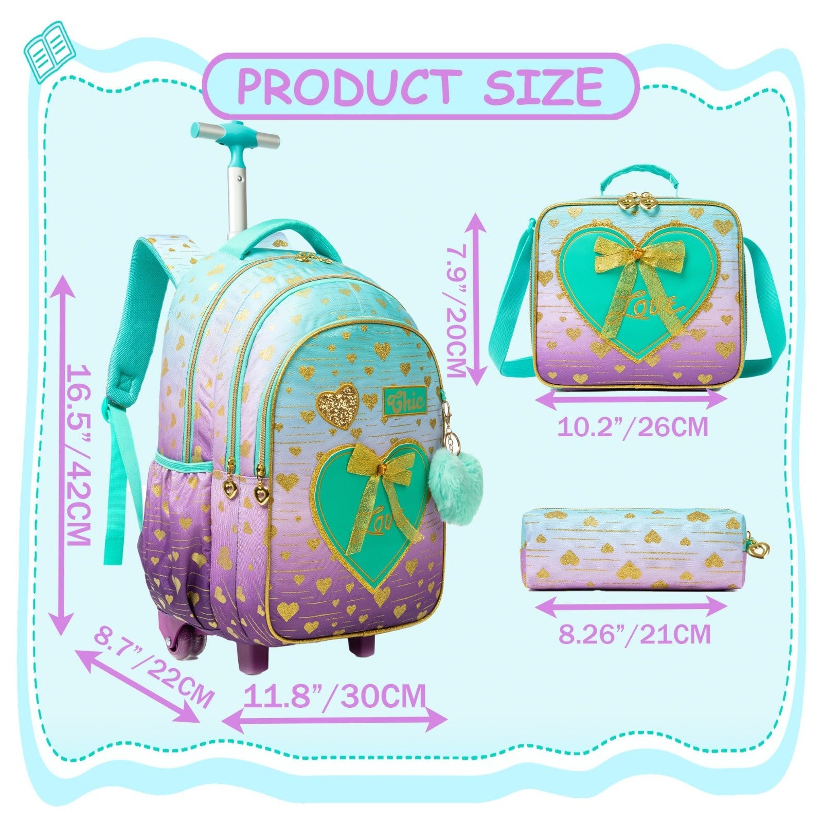 Rolling Backpack for Girls   Wheeled Kids Backpack with Lunch Box, 3 in 1 Travel2